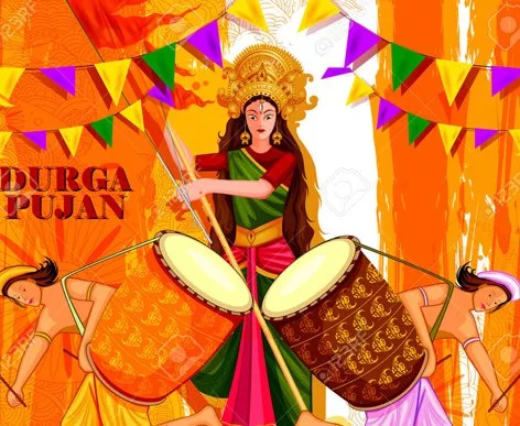 Illustration of a Durga Pujan celebration with dhak drummers